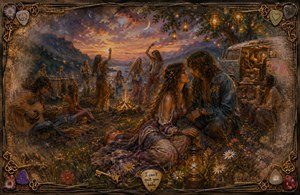 A romantic 1970 hippie gathering glows beneath a violet-orange sunset. Musicians, dancers, lanterns, wildflowers, and a painted van surround an intimate couple drawn together by irresistible longing. Feathered edges soften the scene like a fading memory, while guitar strings, colorful picks, antique keys, and ornate corners form the detailed frame.