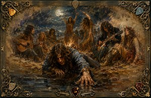 A moonlit 1970 hippie gathering surrounds a glowing campfire, where musicians, dancers, and dreamers share a fading night of freedom. In the foreground, a desperate figure crawls through reflective earth, expressing longing and surrender. Ornate guitar strings, picks, and antique keys frame the memory with intricate corners.