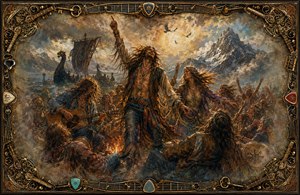 A jubilant 1970 hippie gathering erupts beneath storm-lit mountains, where music, firelight, and windswept dancers echo a mythic voyage. A shadowed longship and circling birds deepen the adventurous mood. Feathered edges suggest fading memory, while ornate guitar strings, picks, keys, and elaborate corners form the richly detailed frame.