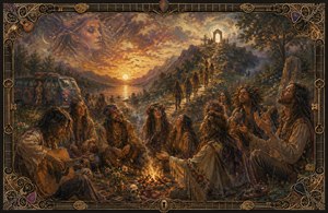 A soulful 1970 hippie gathering surrounds a glowing campfire beneath a dramatic golden sunset. Friends sing, reflect, and celebrate while a winding procession climbs toward a radiant spiritual doorway. A painted van, distant mountains, celestial visions, and symbolic objects deepen the dreamlike scene, framed by ornate guitar strings, picks, and keys.