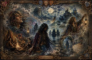 A moonlit fantasy unfolds around mysterious travelers, windswept hippies, glowing lanterns, distant castles, and shadowy riders crossing a stormy shore. Rich 1970s colors, swirling mist, feathers, firelight, and dreamlike figures evoke No Quarters haunting atmosphere. An ornate frame of guitar strings, picks, keys, and complex golden corners completes the scene.