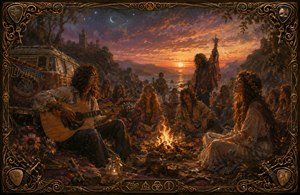 A glowing 1970 evening gathering unfolds beside a coastal campfire, where joyful hippies share music beneath a crescent moon and fiery sunset. A painted van, acoustic guitar, flowing fashions, and distant ruins deepen the nostalgia, while ornate guitar strings, picks, keys, and complex corners form a richly detailed frame.