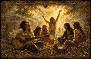 Golden sunlight pours through a woodland clearing where joyful 1970s hippies gather among wildflowers. A guitarist plays beside a painted van while friends laugh, relax, and raise their arms toward the radiant sky. Ornate guitar strings, picks, keys, and floral scrollwork form a complex antique frame around the softly feathered scene.