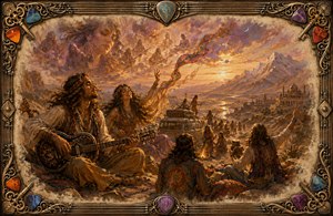 A joyful 1970 hippie caravan gathers beneath a glowing desert sunset, surrounded by mountains, mystical visions, music, and flowing scarves. Warm painterly textures and softly feathered edges suggest a distant memory, while an ornate frame of guitar strings, colorful picks, keys, and complex corners completes the scene.