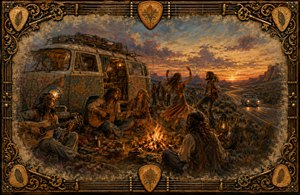 A glowing 1970 roadside gathering unfolds beside a richly decorated van, where long haired musicians play guitars around a campfire as dancers celebrate beneath a dramatic sunset. A winding highway suggests freedom and uncertainty, while feathered edges and an ornate frame of strings, picks, and keys evoke fading memories.
