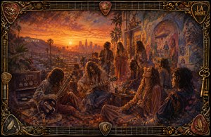 Hippies gather above 1970 Los Angeles as a fiery sunset illuminates guitars, flowing clothes, drinks, murals, and distant city towers. Warm psychedelic colors and softened edges create a drifting memory. An ornate frame of guitar strings, picks, keys, and complex golden corners surrounds the musical celebration.