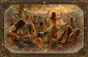 A joyful 1970 hippie gathering unfolds beneath a glowing sunset, filled with music, dancing, laughter, wildflowers, and carefree friendship. Soft feathered edges evoke a fading memory, while an ornate antique frame of guitar strings, colorful picks, keys, and elaborate corners celebrates the spirit of La La.