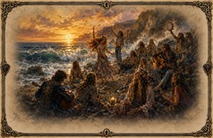 A joyful 1970 hippie gathering unfolds beside a wild sunset ocean, where dancers, guitar players, and friends celebrate among crashing waves, flowers, lanterns, and rocky cliffs. Feathered edges soften the scene like a distant memory, while an ornate frame of guitar strings, picks, keys, and intricate corners completes the nostalgic painting.