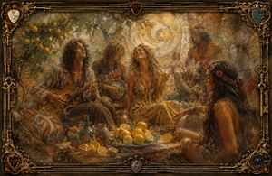 A warm 1970 hippie gathering unfolds beneath a lemon tree, alive with guitars, laughter, sunlight, and richly painted bohemian detail. Lemons, bottles, patterned fabrics, and carefree musicians create a bluesy celebration. Dreamlike feathered edges suggest fading memories, while guitar strings, picks, keys, and ornate corners form the elaborate frame.