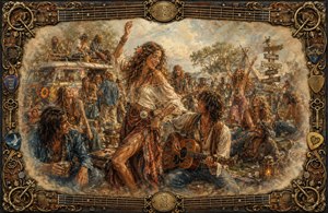 A joyful 1970 hippie gathering bursts with dancing, laughter, music, and free-spirited friendship. A flower-haired woman dances beside a guitarist while painted vans, camp lanterns, and cheering friends fill the scene. Feathered memory-like edges blend into an ornate frame of guitar strings, picks, keys, and complex corners.