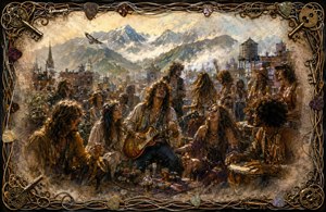A jubilant 1970 rooftop gathering unfolds beneath misty mountains, where free-spirited friends share music, laughter, dancing, and companionship. Warm vintage light, flowing bohemian clothing, flowers, guitar, and drums create a dreamlike memory, surrounded by an intricate frame of guitar strings, colorful picks, antique keys, and ornate corners.