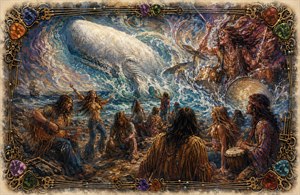 A psychedelic 1970 seaside gathering erupts with music as hippies dance, drum, and play guitar beneath a colossal white whale rising through turbulent waves. A wild drummer merges with the ocean rhythm, while feathered edges evoke fading memories. Ornate guitar strings, colorful picks, and antique keys form the intricate frame.