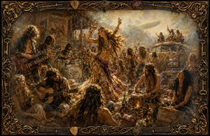 A joyful 1970 hippie gathering erupts with dancing, live guitars, drums, friendship, and free-spirited celebration. Warm golden light, swirling fabrics, a psychedelic van, and distant airship create a vivid musical memory. Feathered edges fade into nostalgia, while ornate guitar strings, picks, keys, and elaborate corners frame the scene.