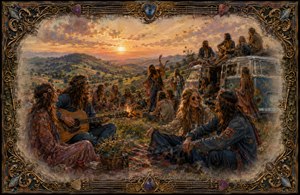 A joyful 1970 hippie gathering unfolds across sunlit rolling hills, where friends share music, laughter, and a campfire beside a flower-painted van. Warm sunset light, feathered memory-like edges, and an ornate frame of guitar strings, picks, antique keys, and elaborate corners evoke nostalgic freedom and adventure.