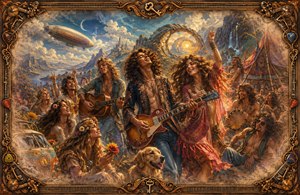 Joyful 1970 hippies dance and play guitars beneath a dreamlike sky filled with mountains, waterfalls, a floating airship, and glowing stone spirals. Flowers, a painted van, and a happy dog enrich the celebration. Ornate guitar strings, picks, and antique keys form the detailed memory-softened frame.