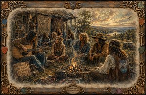 A richly textured 1970 hippie gathering unfolds beside a rustic cabin, where friends share music, stories, and warmth around a glowing campfire. Rolling countryside and golden skies deepen the nostalgic mood. Feathered edges evoke distant memories, while an ornate frame of guitar strings, picks, keys, and complex corners completes the scene.