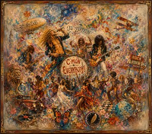 A vivid rock-and-roll carnival erupts around Led Zeppelin performing beneath swirling color, confetti, stars, and musical symbols. Dancing crowds, vintage vehicles, aircraft, flowers, butterflies, a lion, and cosmic objects create playful chaos. Softly feathered edges suggest fading memories, while an ornate weathered frame completes the energetic painted scene.
