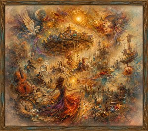 A luminous carousel turns through a baroque dreamscape of golden light, winged figures, floating ships, clocks, instruments, dancers, and distant towers. Richly textured brushwork creates restless musical motion, while misty feathered edges soften the crowded scene into a fading memory, enclosed by an antique weathered frame of bronze and turquoise patina.