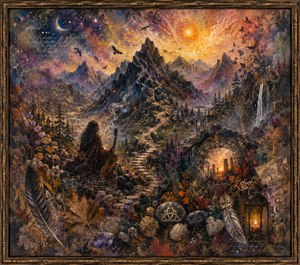 A solitary musician rests beside a winding mountain path beneath a glowing sun and crescent moon. Jagged peaks, waterfalls, birds, feathers, carved stones, lantern light, musical symbols, and ancient markings fill the richly textured scene. Warm gold, purple, and charcoal tones create a mystical landscape fading softly into memory.