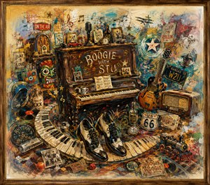 A lively vintage piano anchors this colorful boogie scene, surrounded by dancing shoes, guitars, records, radios, Route 66 signs, toys, photographs, clocks, and musical keepsakes. Thick textured brushwork, swirling notes, playful lettering, and feathered edges create a joyful memory of spontaneous rhythm, friendship, travel, and old-fashioned rock-and-roll energy.
