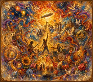 A radiant celebration unfolds beneath a golden sun, filled with musicians, dancers, lanterns, birds, flowers, ribbons, stars, and ancient ruins. Brilliant orange, blue, red, and gold textures create energetic motion, while feathered edges suggest fading memories. An ornate frame completes this joyful, dreamlike tribute to music and freedom.