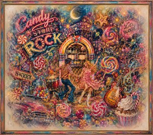 A vivid candy-colored rock-and-roll dream surrounds a glowing jukebox, dancing couple, vintage car, electric guitar, records, musical notes, lollipops, sweets, and carnival signs. Thick painted textures, sparkling details, and energetic motion create playful nostalgia, while softly feathered edges and a distressed colorful frame make the scene feel like a joyful distant memory.