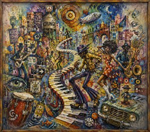 A vibrant, textured dreamscape transforms funk into motion, with dancing figures, musicians, winding piano keys, city fragments, swirling skies, symbols, vehicles, and playful objects. Bright colors and energetic brushwork create a chaotic groove, while softly feathered edges suggest fading memories. A weathered painted frame completes the lively composition.