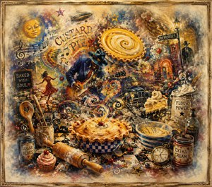 A vibrant, textured dreamscape blends blues-rock energy with a whimsical bakery. A shadowed guitarist performs among swirling custard pies, musical notes, dancing figures, vintage cars, utensils, and nostalgic signs. Golden flour clouds, checkerboard patterns, and scattered sweets create playful motion, while feathered edges and a rustic frame evoke distant memories.