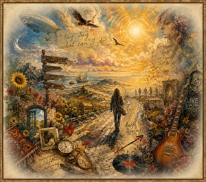 A lone traveler follows a winding sunlit road through a richly textured landscape of flowers, music, memories, and distant horizons. Vintage photographs, clocks, signs, a guitar, birds, and a wandering airship surround the journey, while softly feathered edges and a warm antique frame evoke freedom, longing, and fading dreams.