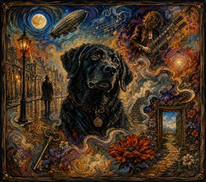 A soulful black dog stands amid a vivid dreamscape of moonlight, glowing streets, swirling music, flowers, antique keys, distant stairways, and an open doorway to brighter horizons. Rich painted textures, fiery colors, and fading edges create a powerful memory of mystery, blues-rock energy, longing, and restless nighttime adventure.