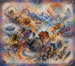 A vibrant dreamscape erupts around a powerful drum kit, surrounded by cymbals, musical waves, spirals, clocks, scattered toys, and vintage instruments. Snowy mountains and Montreuxs glowing lakeside appear beyond the rhythmic chaos. Bright textured brushwork, feathered edges, and a weathered painted frame create an energetic memory of percussion.