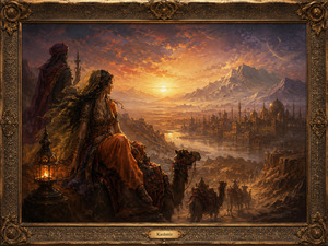 A sweeping desert landscape glows beneath a dramatic sunset. In the foreground, a richly dressed woman sits beside an illuminated metal lantern while a robed traveler stands behind her, both gazing toward a magnificent city of domes and towers. A decorated camel caravan follows a winding path through the rocky valley toward distant mountains and shimmering water. Warm orange light, blowing fabric, dust, and deep shadows give the scene a hypnotic sense of distance, mystery, and ancient grandeur.