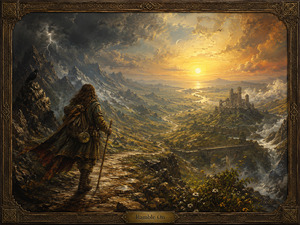 A rugged traveler with long hair, a heavy cloak, a pack, and a walking staff journeys along a rocky mountain path. Before him stretches an immense valley filled with winding rivers, distant ruins, misty hills, and a glowing sunset. Dark mountains and lightning gather on the left, while warm golden light opens across the right side of the landscape. A raven watches from a nearby cliff, reinforcing the sense of wandering, determination, and restless adventure.