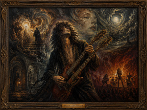 A long-haired guitarist dominates a surreal dreamscape while playing a double-neck guitar beneath swirling clouds and distorted light. Around him, a ghostly womans face appears in the sky, a mysterious figure climbs a staircase toward a glowing portal, and shadowed ruins lead into underground passages. On the right, a rock band performs before a fiery crowd. The layered imagery, smoke, moonlight, flames, and fractured environments reflect confusion, obsession, and psychological intensity.