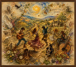 A joyful countryside celebration unfolds beneath a swirling golden sun, where dancers, musicians, wildflowers, autumn leaves, and a playful dog fill the winding path. Weathered boots, photographs, musical symbols, and rustic keepsakes surround the scene like treasured memories. Warm textures, feathered edges, and a wooden frame complete the nostalgic folk-rock atmosphere.
