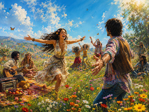 Across a brilliant wildflower meadow, a smiling woman runs toward her waiting partner with arms stretched wide. Friends play music and dance nearby among picnic blankets, fruit, butterflies, and countless blossoms. Beneath the expansive blue sky, the scene expresses freedom, affection, youthful energy, and the happiness of love freely offered.