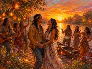 A happy couple holds hands beside a glowing river as friends sing, dance, and play music around them. Lanterns shine among the trees, wildflowers frame the shoreline, and a small wooden boat rests nearby. The radiant sunset reflects across the water, creating a warm celebration of companionship, community, and lasting affection.