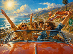 Four carefree friends race along a sunlit coastal highway in a vintage convertible, their arms raised as wind carries their hair and colorful scarf behind them. Sparkling ocean water, towering mountains, and endless blue sky express youthful freedom, joyful companionship, and the exhilarating rush of being alive.