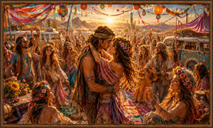 A radiant desert sunrise ignites a crowded hippie celebration filled with colorful ribbons, lanterns, vintage vans, flowers, and dancing partygoers. At the center, a passionate couple embraces beneath the glowing sun while musicians and free spirits surround them. An ornate golden frame completes this vivid romantic fantasy.