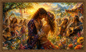 Golden morning light washes over a flower-filled mountain valley where hippies dance, play guitars, and celebrate among wildflowers and decorated tents. A romantic couple stands at the heart of the festival, sharing a tender embrace. Butterflies, distant waterfalls, brilliant fabrics, and an elaborate antique frame heighten the fantasy atmosphere.