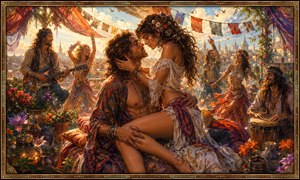 High above a sunlit fantasy city, a bohemian rooftop party unfolds beneath flowing banners and colorful fabrics. A passionate couple shares an intimate moment among patterned cushions, flowers, musicians, drummers, and joyful dancers. Warm morning light, distant towers, rich painted textures, and a jeweled ornamental frame create lavish romantic drama.