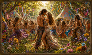 A magical woodland clearing bursts with wildflowers, painted tents, ribbons, and barefoot hippies dancing in the morning sun. At the center, an affectionate couple holds each other closely while drummers and celebrants move around them. Butterflies, flowing clothing, glowing foliage, and an ornate woodland frame enrich the joyful fantasy scene.