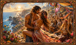 A passionate couple kisses above a sparkling ocean during a colorful cliffside hippie festival. Flower-crowned dancers, musicians, banners, flowing scarves, and bright coastal blossoms fill the sunlit celebration. Dramatic cliffs stretch into the distance beneath a brilliant morning sky, while a richly decorated floral frame surrounds the romantic painted scene.
