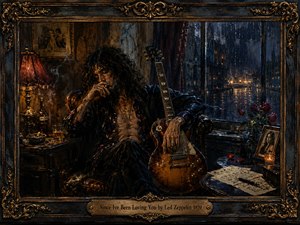 A brooding musician sits beside a sunburst guitar in a dim, rain-soaked room, surrounded by whiskey, roses, handwritten notes, and a faded portrait. Warm amber lamplight contrasts with cool blue city reflections, creating a melancholy, intimate mood. Rich painterly textures and an ornate antique frame heighten the dramatic, blues-infused atmosphere.