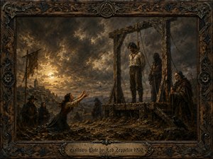 A condemned man stands beneath a weathered gallows as a grieving woman pleads from the rocky foreground beneath turbulent storm clouds. Earthy browns, charcoal grays, and muted gold create a bleak, dramatic mood, illuminated by a distant sunset. Painterly realism, ravens, villagers, carved wood, ironwork, and an engraved title plate deepen the tragic atmosphere.