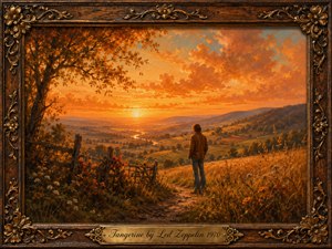 A solitary figure stands on a country path overlooking a vast sunset valley, surrounded by autumn grasses, wildflowers, and a weathered fence. Tangerine-orange clouds glow above rolling hills and a winding river, creating a wistful, nostalgic mood. Rich painterly textures, golden light, and an ornate carved frame enhance the romantic atmosphere.