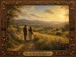 A warmly painted countryside unfolds beneath a glowing sunset as a man and woman walk together along a winding rural path. Golden grasses, wildflowers, stone walls, distant hills, and a reflective river create a tender, wistful mood. An ornate carved-wood frame with vine and guitar motifs surrounds the luminous pastoral scene.