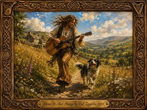 A joyful, windblown musician strides along a sunlit country path, strumming an acoustic guitar as a shaggy black-and-white dog bounds beside him. Rolling green hills, wildflowers, and a rustic stone cottage glow beneath a bright blue sky. Painted in warm, richly textured oils, the scene is enclosed by an ornate carved wooden frame with a brass title plate.