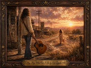 A long-haired guitarist stands on a weathered porch, watching a woman walk down a dusty road toward a glowing sunset. Warm amber, gold, and rose tones create a wistful, bittersweet mood. Painterly realism, dramatic clouds, telephone poles, rustic buildings, and an ornate dark-wood frame deepen the nostalgic 1970s atmosphere.