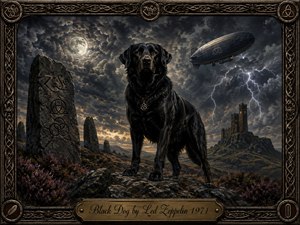 A powerful black dog stands on a rocky moor beneath a turbulent moonlit sky, surrounded by ancient standing stones, distant ruins, lightning, and a shadowy airship. Deep blacks, bronze, gray, and muted purple create a dramatic Gothic mood. An ornate Celtic-inspired frame and engraved brass title plate complete the richly detailed fantasy-rock composition.